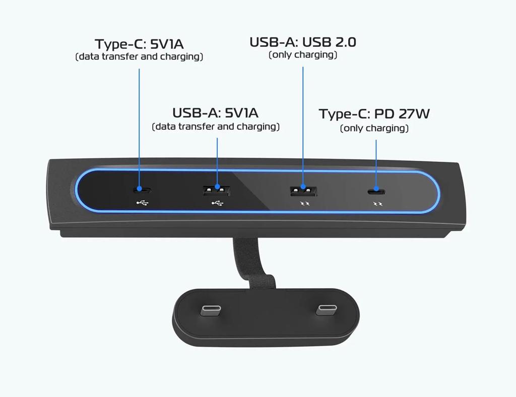 Chargeur USB Tesla multi-ports avec lumière LED Tesla modèle 3/Y
